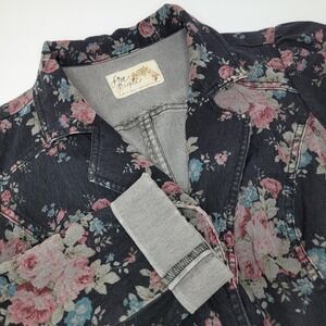 Free People Floral Printed Cropped Denim Jacket‎ Women's 0 Black Pink Button Up